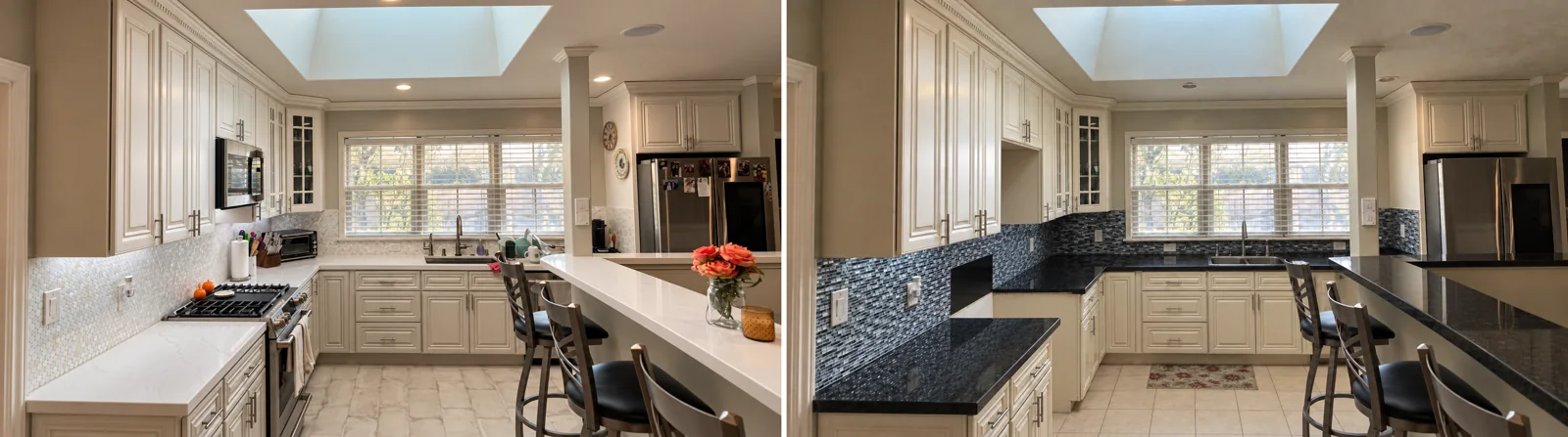 Antes, Después: Remodelación de cocina: cubiertas de granito, backsplash de mosaico de vidrio e iluminación nueva